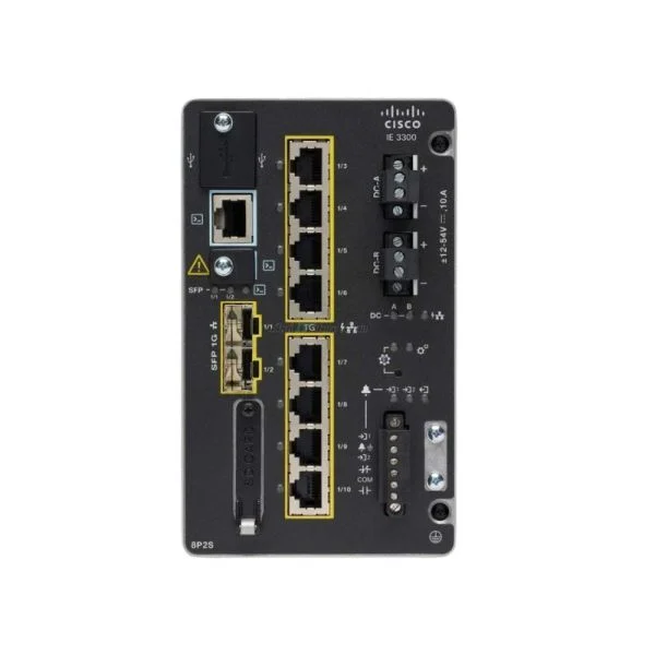 سوئیچ سخت‌افزاری سیسکو Catalyst IE3300 مدل IE-3300-8T2S-E، دارای 8 پورت GE PoE+/2 پورت GE SFP/ماژولار