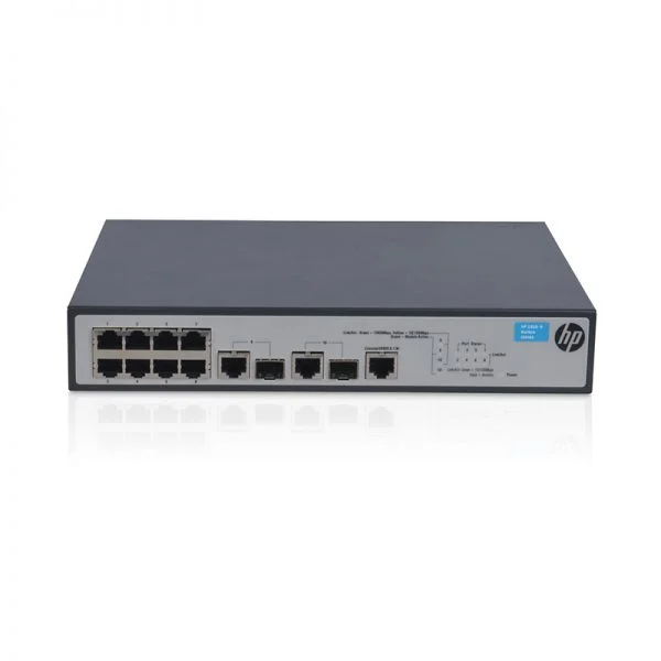 سوئیچ سری Aruba HP 1910 مدل JG536A، دارای 8 پورت GE RJ45 و 2 پورت GE SFP، بدون فن