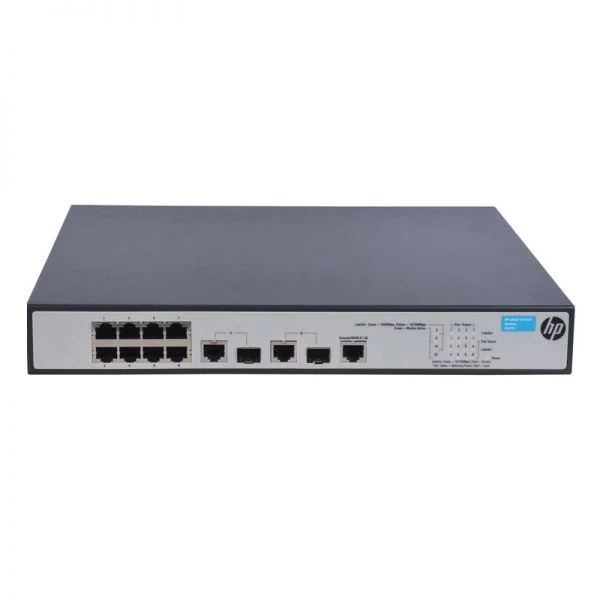 سوئیچ آرویا HP 1910 مدل JG537A، دارای 8 پورت GE PoE+/2 پورت GE SFP/بدون فن و منبع تغذیه