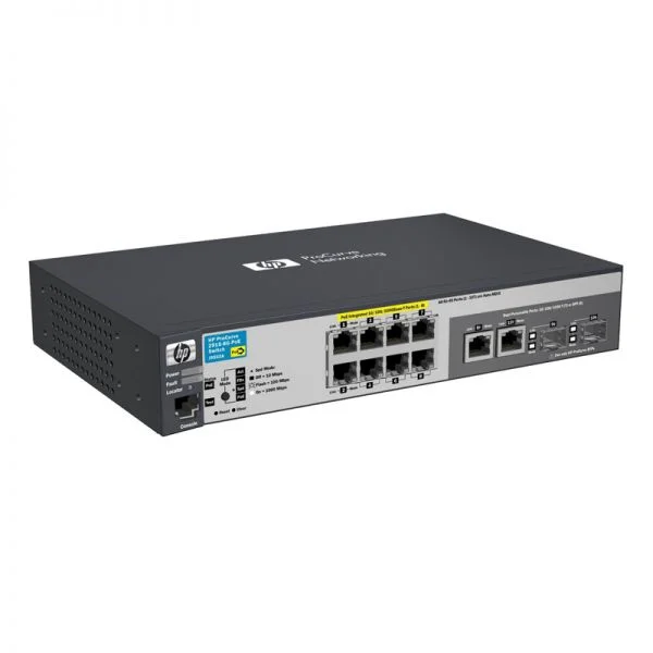 سوئیچ Aruba 2915 مدل J9562A، دارای 8 پورت گیگابیتی PoE، اندازه جمع و جور و بدون فن