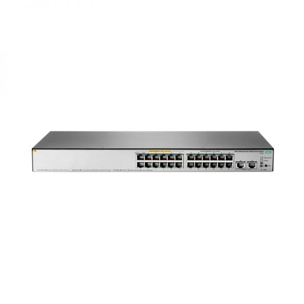 سوئیچ Aruba OfficeConnect مدل JL172A، دارای ۲۴ پورت گیگابیتی PoE+ و ۲ پورت آپ‌لینک ۱۰ گیگابیتی، توان PoE ۱۸۵ وات