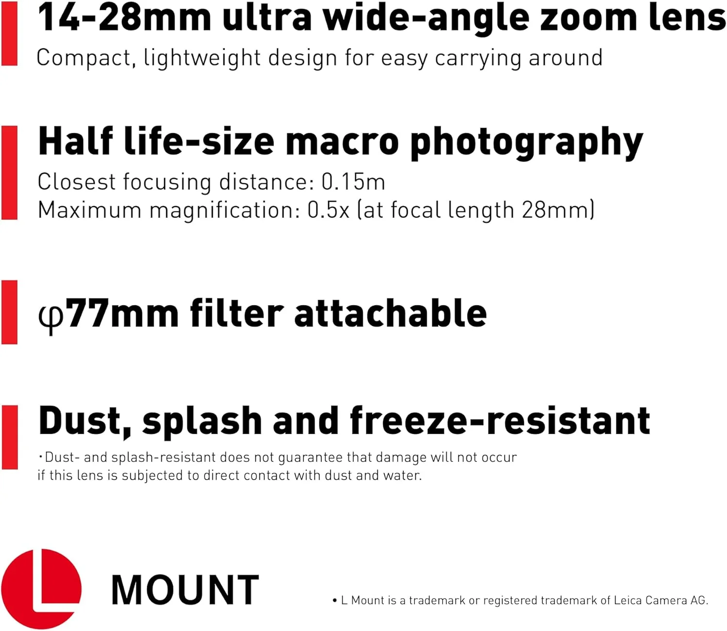 لنز دوربین پاناسونیک LUMIX S Series، لنز زوم فوق عریض 14-28 میلی‌متری F4-5.6 با قابلیت ماکرو، مدل S-R1428 مشکی