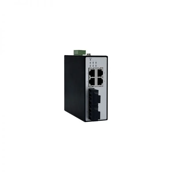 سوئیچ صنعتی غیر مدیریتی 6 پورت DIN-Rail سری MRD R37، با بدنه آلیاژ آلومینیوم ضد خوردگی، دارای 2 پورت فیبر 100BaseX (40KM SM SC) و 4 پورت 10/100BaseT