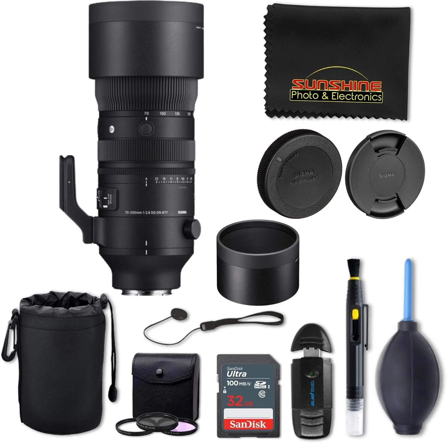 لنز سیگما 70-200mm f2.8 DG DN OS Sports برای Sony E به همراه بسته پیشرفته Sunshine Photo - 4 سال خدمات سازنده در ایالات متحده