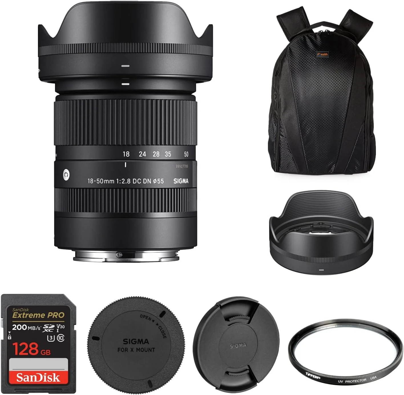 لنز سیگما 18-50mm F2.8 DC DN Contemporary برای Fujifilm X Mount به همراه فیلتر محافظ UV تیفن 55mm، کارت حافظه 128GB Extreme PRO UHS-I SDXC و کوله پشتی دوربین Waith (مجموعه) لنز سیگما 18-50mm F2.8 DC DN Contemporary برای Fujifilm X Mount به همراه فیلتر محافظ UV تیفن 55mm، کارت حافظه 128GB Extreme PRO UHS-I SDXC و کوله پشتی دوربین Waith (مجموعه)