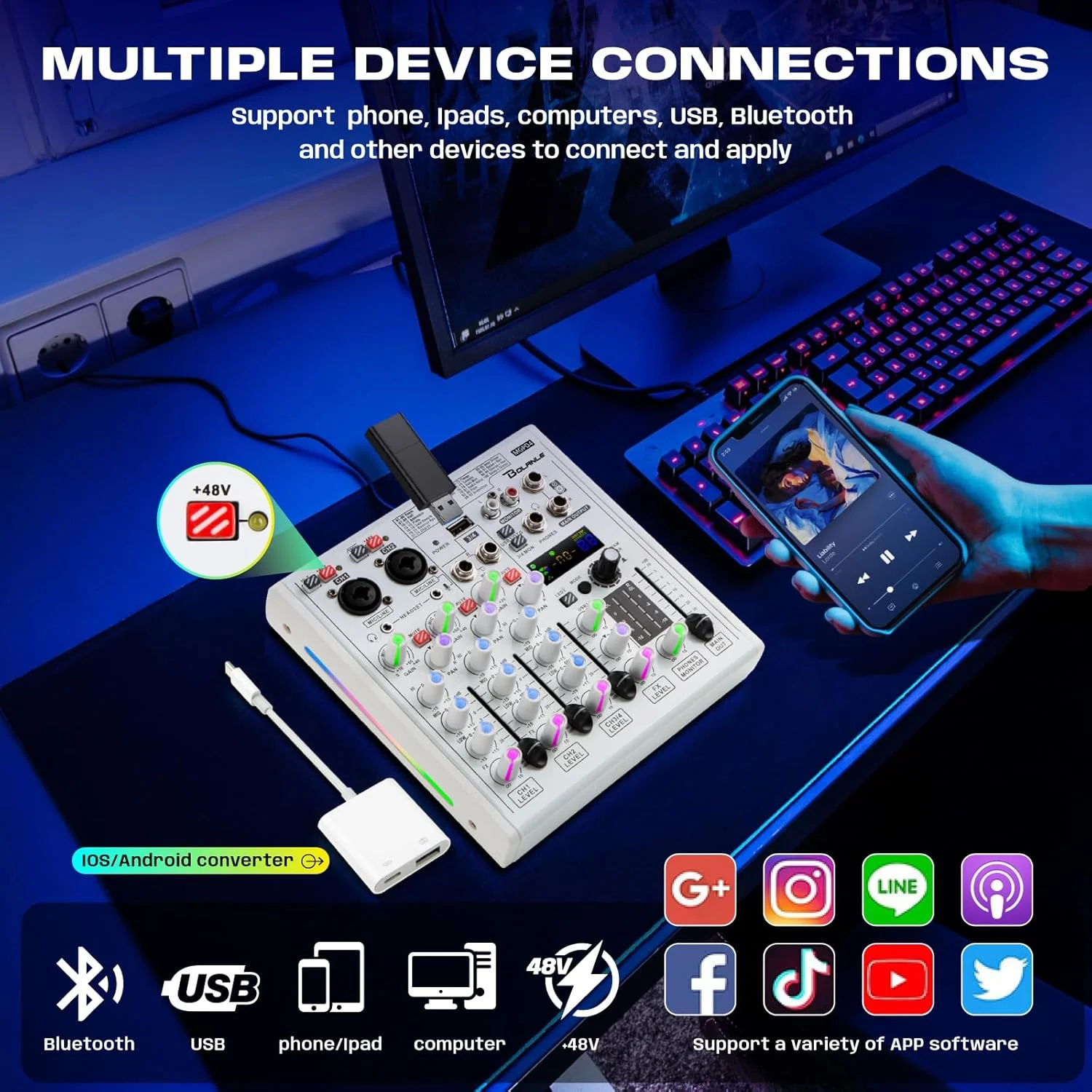 میکسر صوتی حرفه ای 4 کاناله Bolanle با کارت صدای داخلی و عملکرد ضبط، رابط صوتی USB/بلوتوث، مناسب برای پادکست، کارائوکه، استودیو