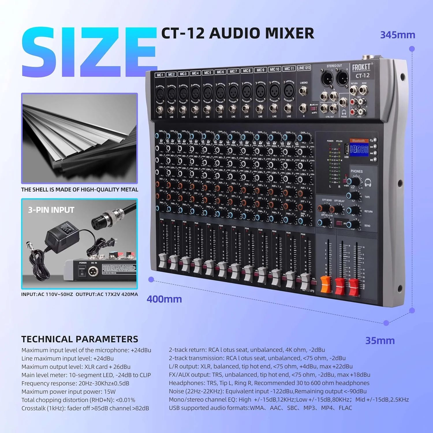 میکسر صوتی حرفه ای 12 کانال DJ کنسول میکس صدا رابط صوتی USB ورودی MP3 فانتوم 48 ولت بلوتوث میکسر استودیو کنسول میکس صدا برای کارائوکه مهمانی ضبط پخش (CT-12)