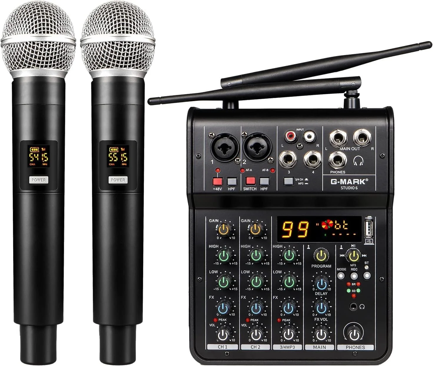 میکسر صوتی حرفه ای G-MARK، میکسر 4 کاناله DJ با دو میکروفون بی سیم، میکسر بلوتوث MP3 برد صدا با فانتوم پاور 48 ولت رابط USB برای استودیو کارائوکه ضبط گیتار PC