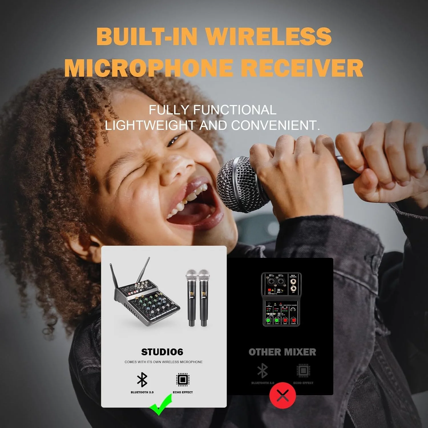 میکسر صوتی حرفه ای G-MARK، میکسر 4 کاناله DJ با دو میکروفون بی سیم، میکسر بلوتوث MP3 برد صدا با فانتوم پاور 48 ولت رابط USB برای استودیو کارائوکه ضبط گیتار PC