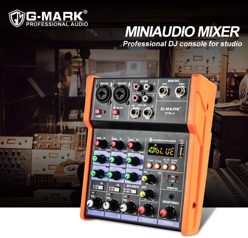 میکسر صوتی آنالوگ G-MARK 4 کانال DJ با بلوتوث برای استودیو، کارائوکه، کامپیوتر، اجرای زنده، KTV، استیج خانگی، افکت های موسیقی، کارت صدا، کنسول میکس قابل حمل