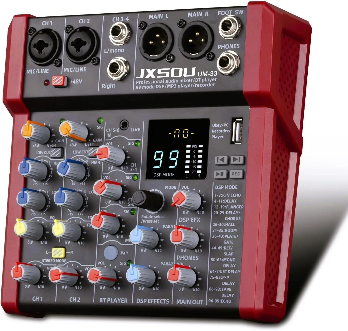 میکسر صوتی 6 کاناله، کنسول برد صدا کنترلر DJ با 99 افکت DSP، میکسر بلوتوث با ورودی فانتوم پاور 48 ولت استریو USB XLR برای استودیو کارائوکه و ضبط کامپیوتر