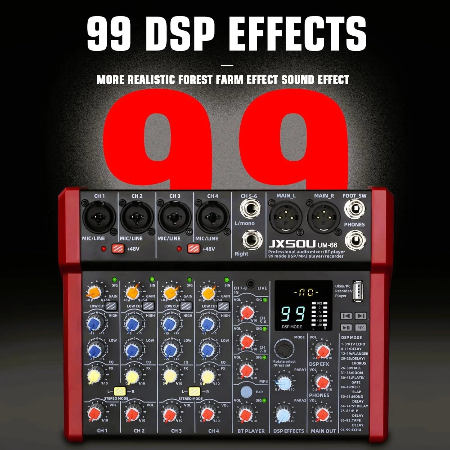 میکسر صوتی 6 کاناله، کنسول برد صدا کنترلر DJ با 99 افکت DSP، میکسر بلوتوث با ورودی فانتوم پاور 48 ولت استریو USB XLR برای استودیو کارائوکه و ضبط کامپیوتر
