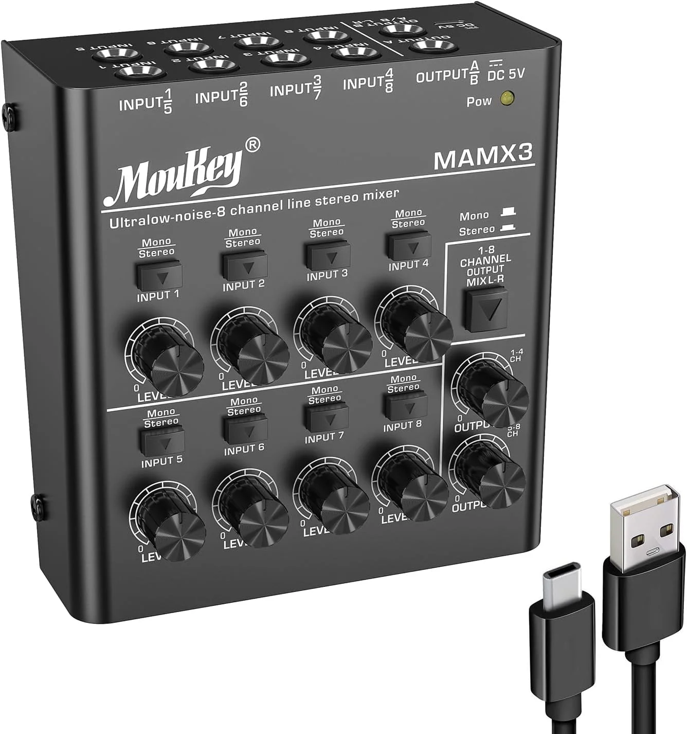 میکسر خطی 8 کاناله فوق کم نویز Moukey برای ترکیب فرعی، میکسر صوتی استریو مینی DC 5V 8، ایده آل برای کلوپ ها یا بارهای کوچک، گیتار، باس، کیبورد یا میکسر استیج - MAMX3