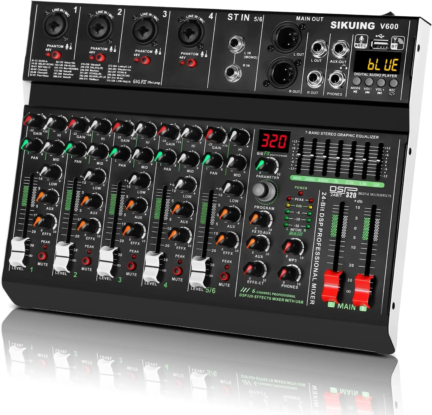 میکسر حرفه ای قابل حمل، 320 افکت DSP + فانتوم پاور 48 ولت، کارت صدای بلوتوث + اکولایزر 7 باندی، برای ضبط کامپیوتر، جلوه های استودیویی کارائوکه و پخش جریانی (V600)