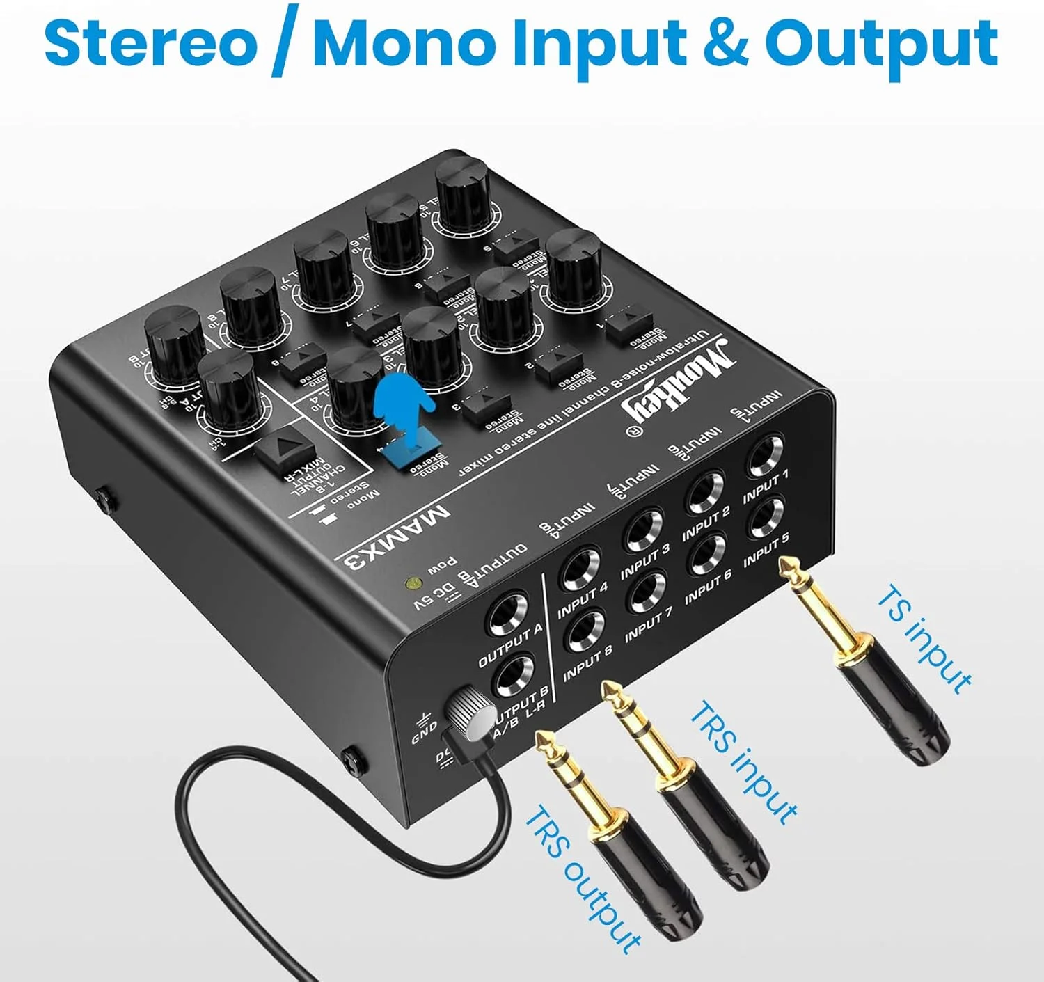 میکسر خطی 8 کاناله فوق کم نویز Moukey برای ترکیب فرعی، میکسر صوتی استریو مینی DC 5V 8، ایده آل برای کلوپ ها یا بارهای کوچک، گیتار، باس، کیبورد یا میکسر استیج - MAMX3