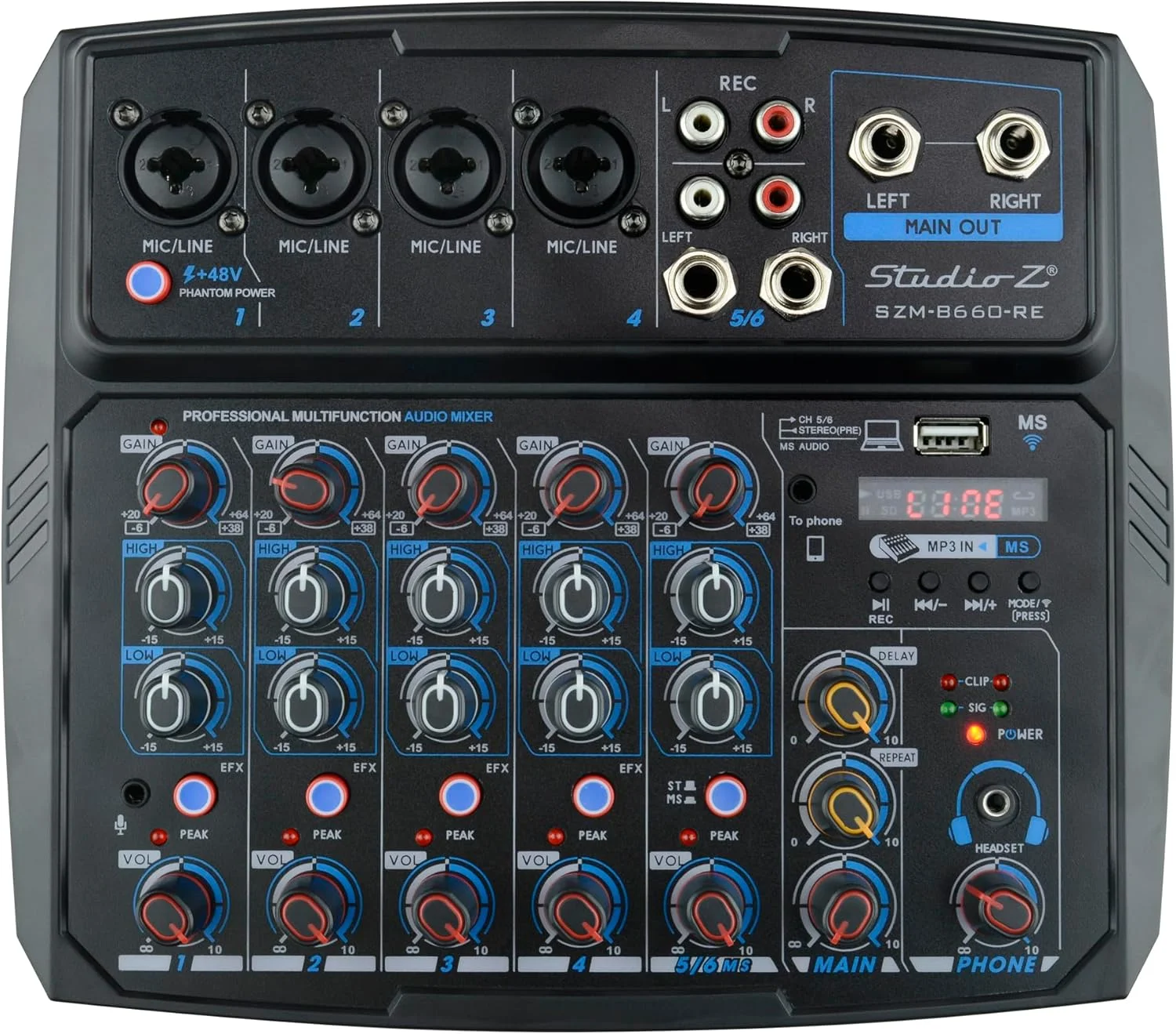 میکسر صدا استودیو Z مدل SZM-B660-RE با ۶ کانال، USB دیجیتال، بلوتوث، MP3، ورودی کامپیوتر، فانتوم پاور ۴۸ ولت، میکسر استریو برای ضبط، پخش زنده و پادکست