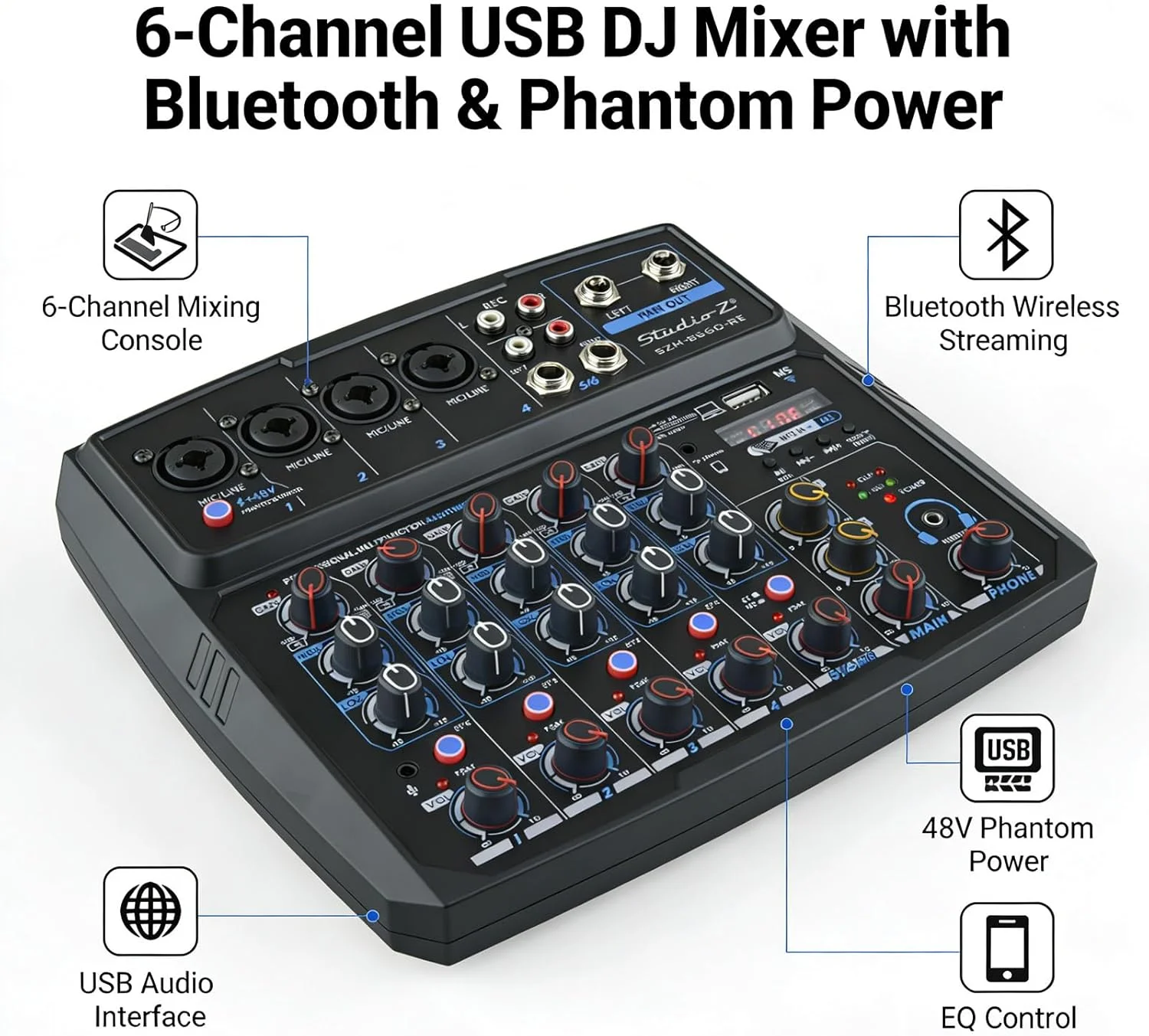میکسر صدا استودیو Z مدل SZM-B660-RE با ۶ کانال، USB دیجیتال، بلوتوث، MP3، ورودی کامپیوتر، فانتوم پاور ۴۸ ولت، میکسر استریو برای ضبط، پخش زنده و پادکست