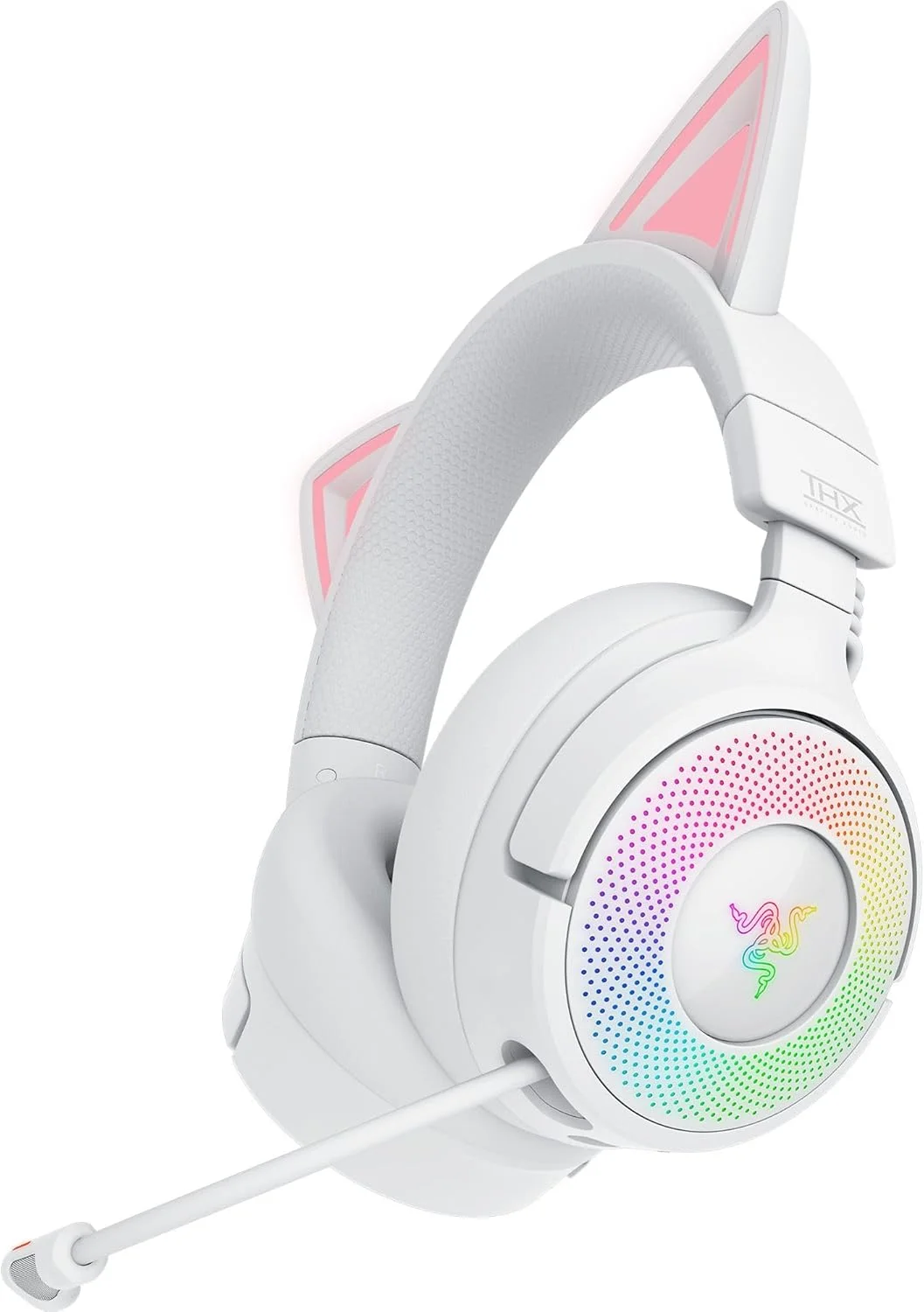 هدست گیمینگ بی سیم RGB Razer Kraken Kitty V3 Pro، گوش های کیتی Chroma RGB، 2.4 گیگاهرتز، بلوتوث 5.3، USB A - میکروفون فوق پهن باند، درایورهای 40 میلی متری، صدای فضایی THX، بالشتک های راحت گوش - سفید
