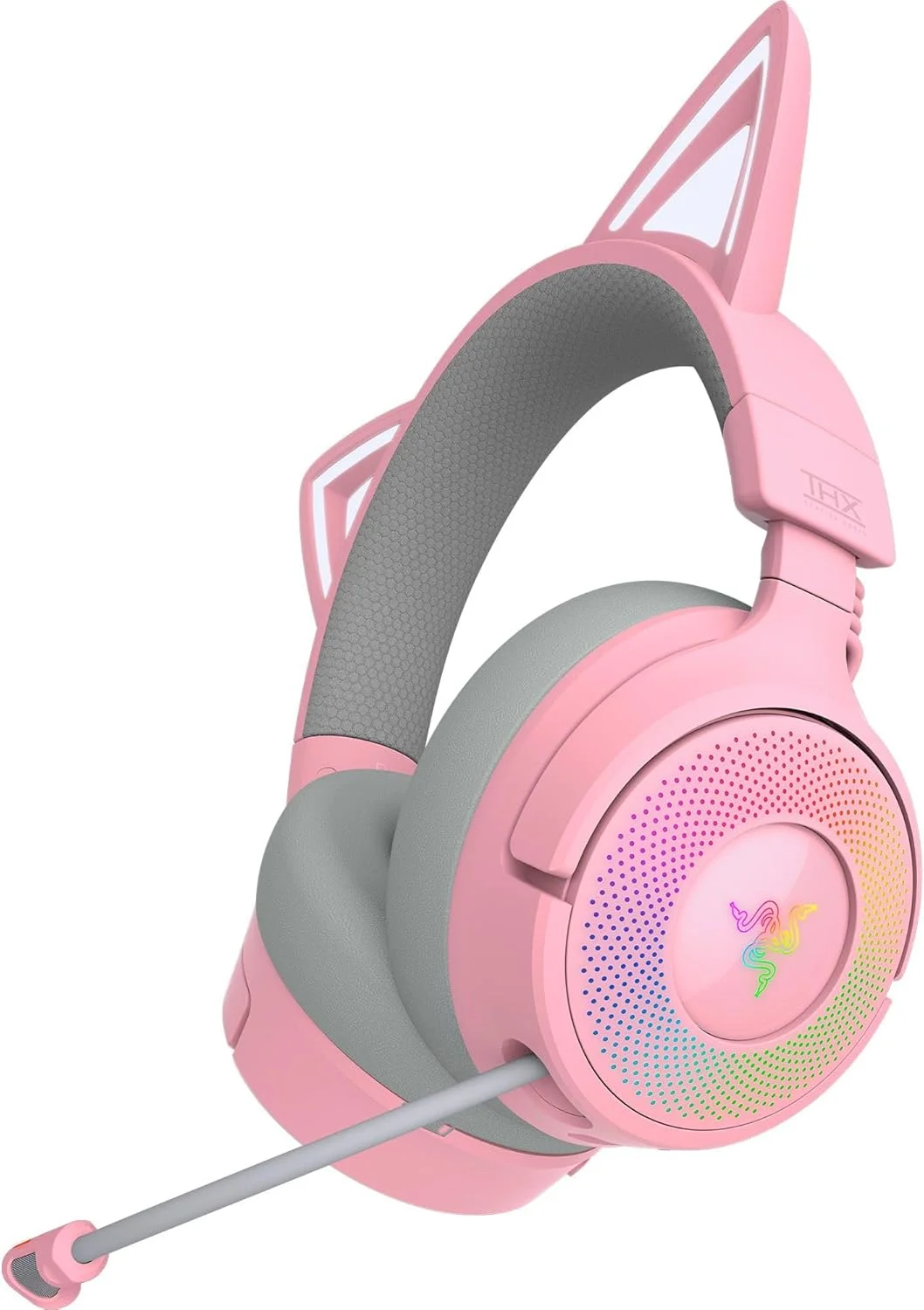 هدست گیمینگ بی سیم RGB Razer Kraken Kitty V3 Pro، گوش های کیتی Chroma RGB، 2.4 گیگاهرتز، بلوتوث 5.3، USB A - میکروفون فوق العاده پهن باند، درایورهای 40 میلی متری، صدای فضایی THX، بالشتک های راحت گوش - کوارتز