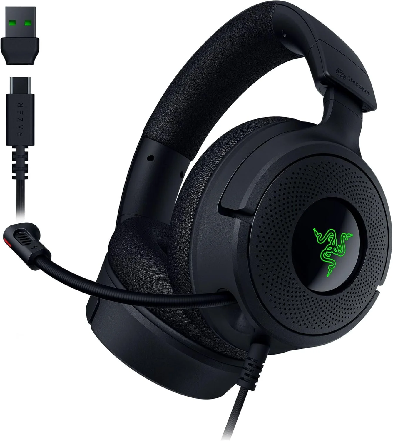 هدست گیمینگ سیمی Razer Kraken V4 X: درایورهای 40 میلی‌متری - میکروفون کاردیوئید - بالشتک‌های فوم حافظه‌دار - نورپردازی Chroma RGB - کابل Type C و Type A - برای PC، Mac، PS5، Nintendo Switch، Steam Deck، تلفن هوشمند