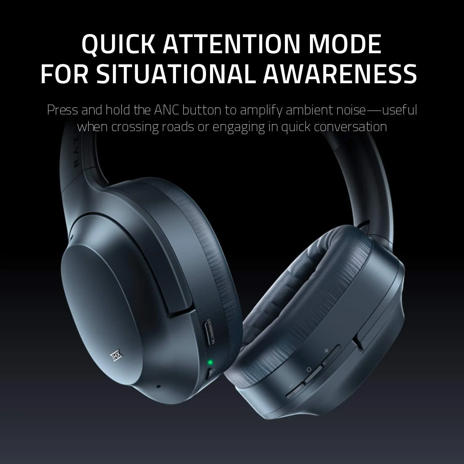 هدفون بی سیم Razer Opus با گواهینامه THX و حذف نویز فعال ANC (هدست بی سیم، بلوتوث، تا 40 ساعت عمر باتری، میکروفون، حالت محیطی) مشکی - تصویر 3 هدفون بی سیم Razer Opus با گواهینامه THX و حذف نویز فعال ANC (هدست بی سیم، بلوتوث، تا 40 ساعت عمر باتری، میکروفون، حالت محیطی) مشکی - تصویر 3