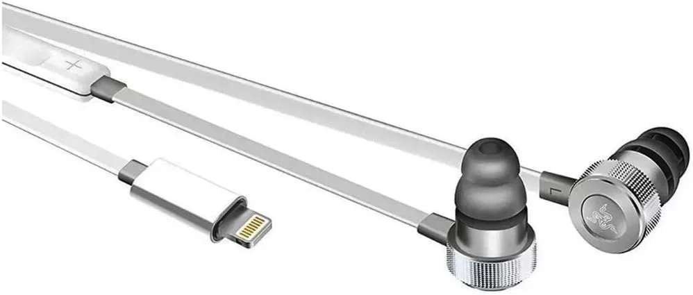 هدفون داخل گوشی Razer Hammerhead برای iOS DAC - فناوری درایور دوگانه با تنظیم سفارشی - میکروفون و کنترل صدا درون خطی - قاب آلومینیومی - اتصال لایتنینگ - سفید نقره ای - تصویر 2
