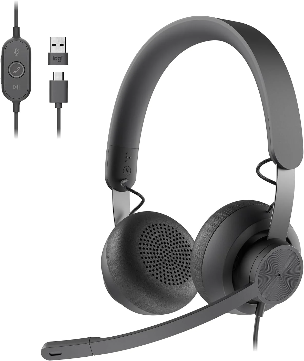 هدست سیمی روگوشی لاجیتک Zone 750 با میکروفون پیشرفته حذف نویز، USB-C ساده و آداپتور USB-A همراه، سازگاری Plug-and-Play برای همه دستگاه ها، گرافیت