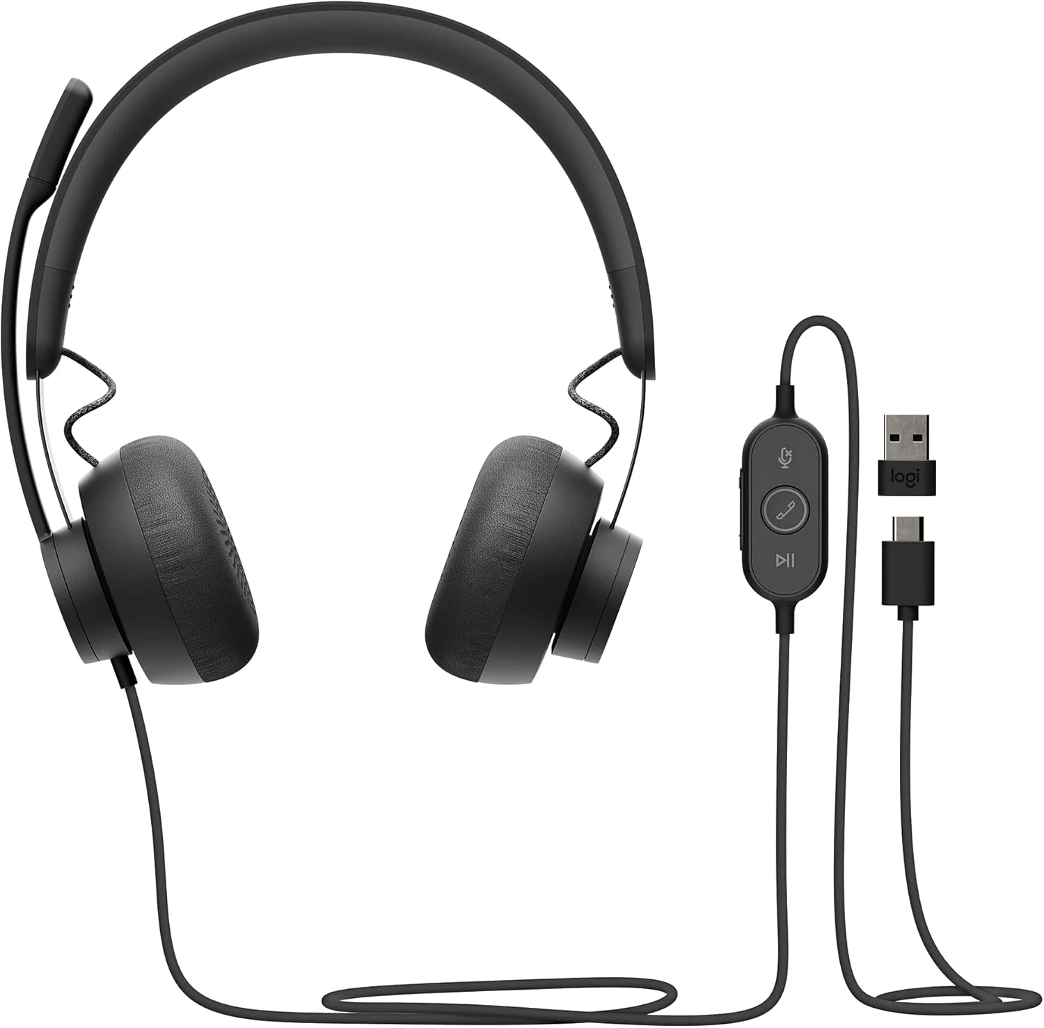 هدست سیمی حذف نویز Logitech Zone، دارای گواهی Microsoft Teams با فناوری پیشرفته میکروفون حذف نویز برای محیط های اداری باز، USB-C با آداپتور USB-A، گرافیت.