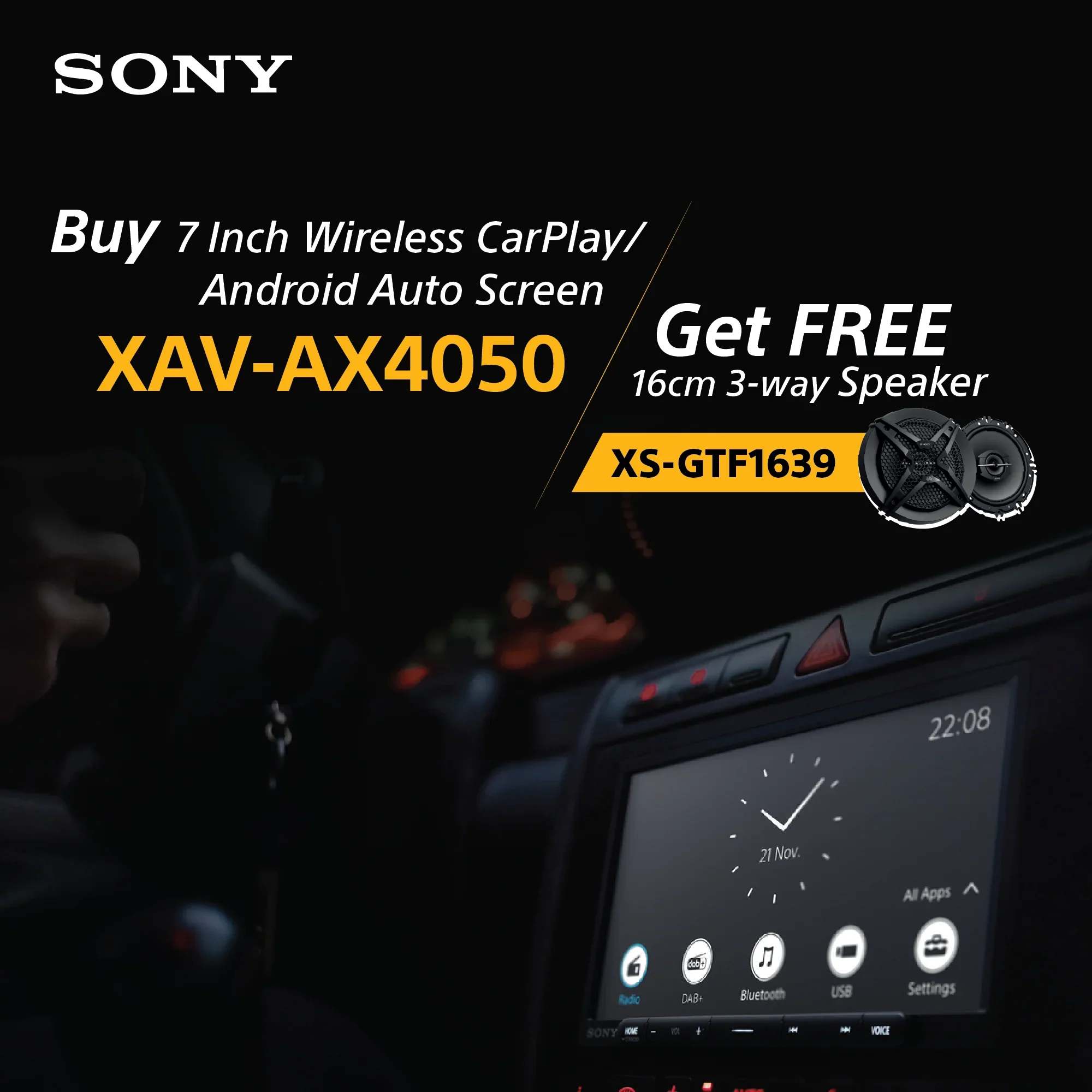 پخش کننده چند رسانه ای دیجیتال خودرو سونی مدل XAV-AX4050 با صفحه نمایش 17.6 سانتی متری (6.95 اینچ) به همراه بلندگوی سه طرفه XS-GTF1639