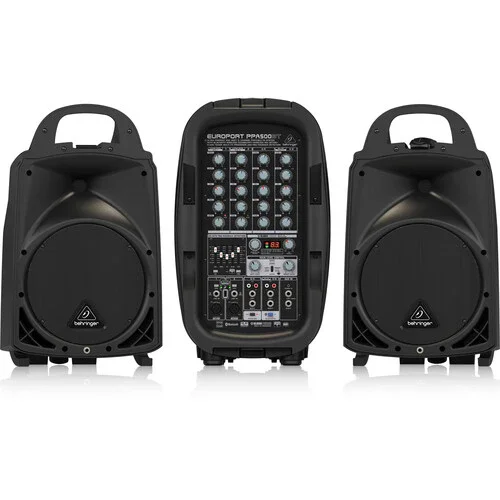 سیستم صوتی پرتابل 500 واتی Behringer Europort PPA500BT با دو بلندگو، میکسر تقویت شده، Klark Teknik FX، صدای بلوتوث و میکروفون
