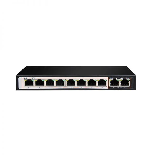 سوئیچ غیر مدیریتی PoE دسکتاپ سری D-Link DGS مدل DGS-1010P-CN، دارای 8 پورت گیگابیتی PoE + 1 پورت گیگابیتی + 1 پورت SFP، پهنای باند 20G، حداکثر توان PoE 55W