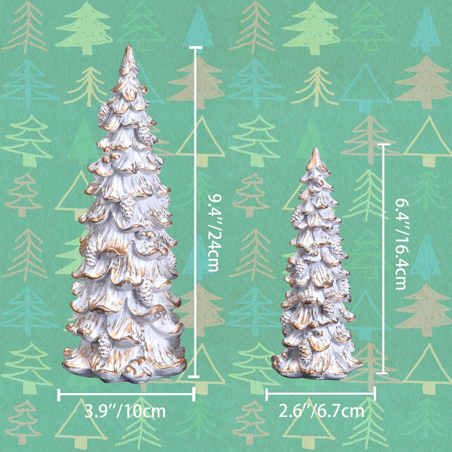 مجسمه درخت کریسمس رزینی، 2 عدد درخت کریسمس رومیزی سفید و طلایی با مخروط کاج و تزئینات، دکوری روستیک کریسمس برای خانه، تزیین میز، نمایشگر شلف شومینه (سفید-طلایی)