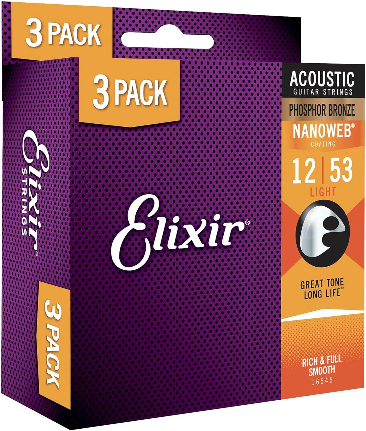 سیم های گیتار آکوستیک فسفر برنز Elixir® 16545 با پوشش NANOWEB®، بسته 3 عددی، لایت (0.012-.053)