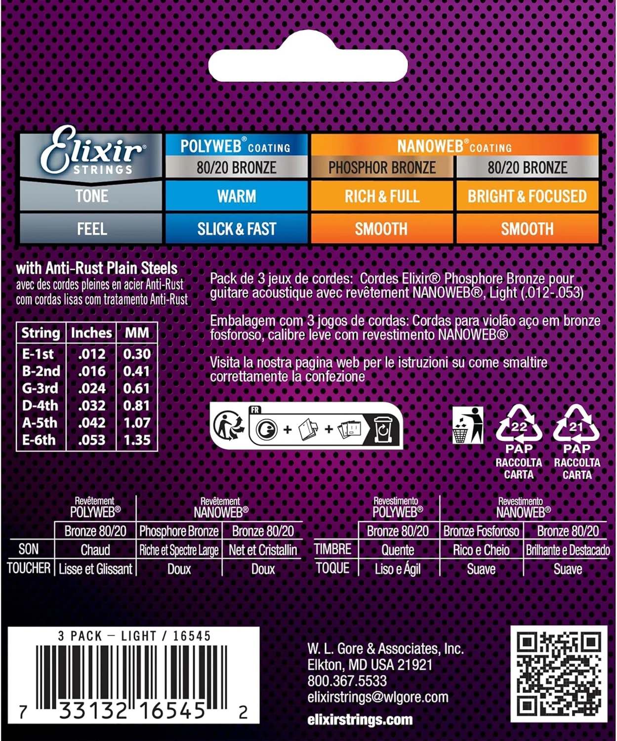 سیم های گیتار آکوستیک فسفر برنز Elixir® 16545 با پوشش NANOWEB®، بسته 3 عددی، لایت (0.012-.053)