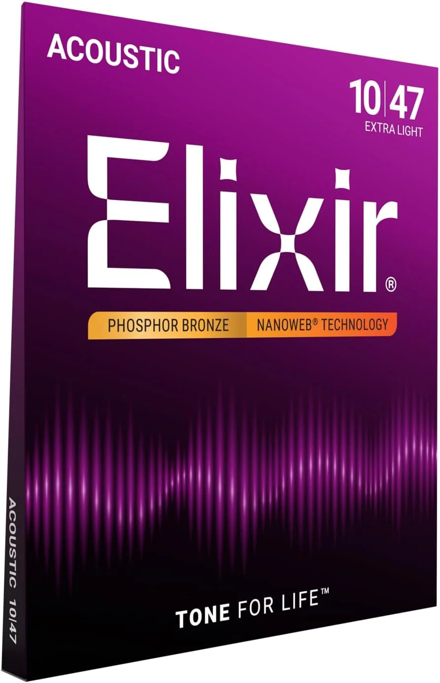 سیم های گیتار آکوستیک فسفر برنز Elixir با پوشش NANOWEB، فوق العاده سبک (0.010-.047)