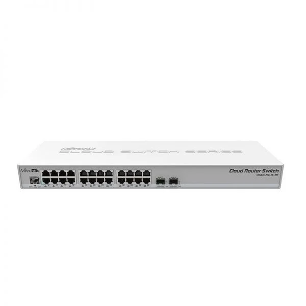 سوئیچ میکروتیک CRS326-24G-2S-plus-RM، دارای 24 پورت گیگابیتی و 2 پورت SFP+، با قابلیت بوت دوگانه