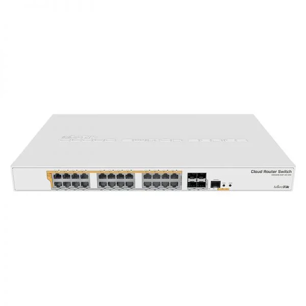 سوئیچ میکروتیک سری CRS328 مدل CRS328-24P-4S-plus-RM، دارای 24 پورت GE PoE و 4 پورت 10G SFP+ و منبع تغذیه 500W