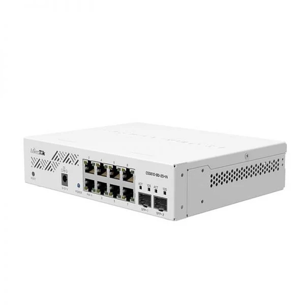 سوئیچ میکروتیک CSS610-8G-2S-plus-IN، دارای 8 پورت اترنت 1G و 2 پورت SFP+ 10G، طراحی قابل حمل