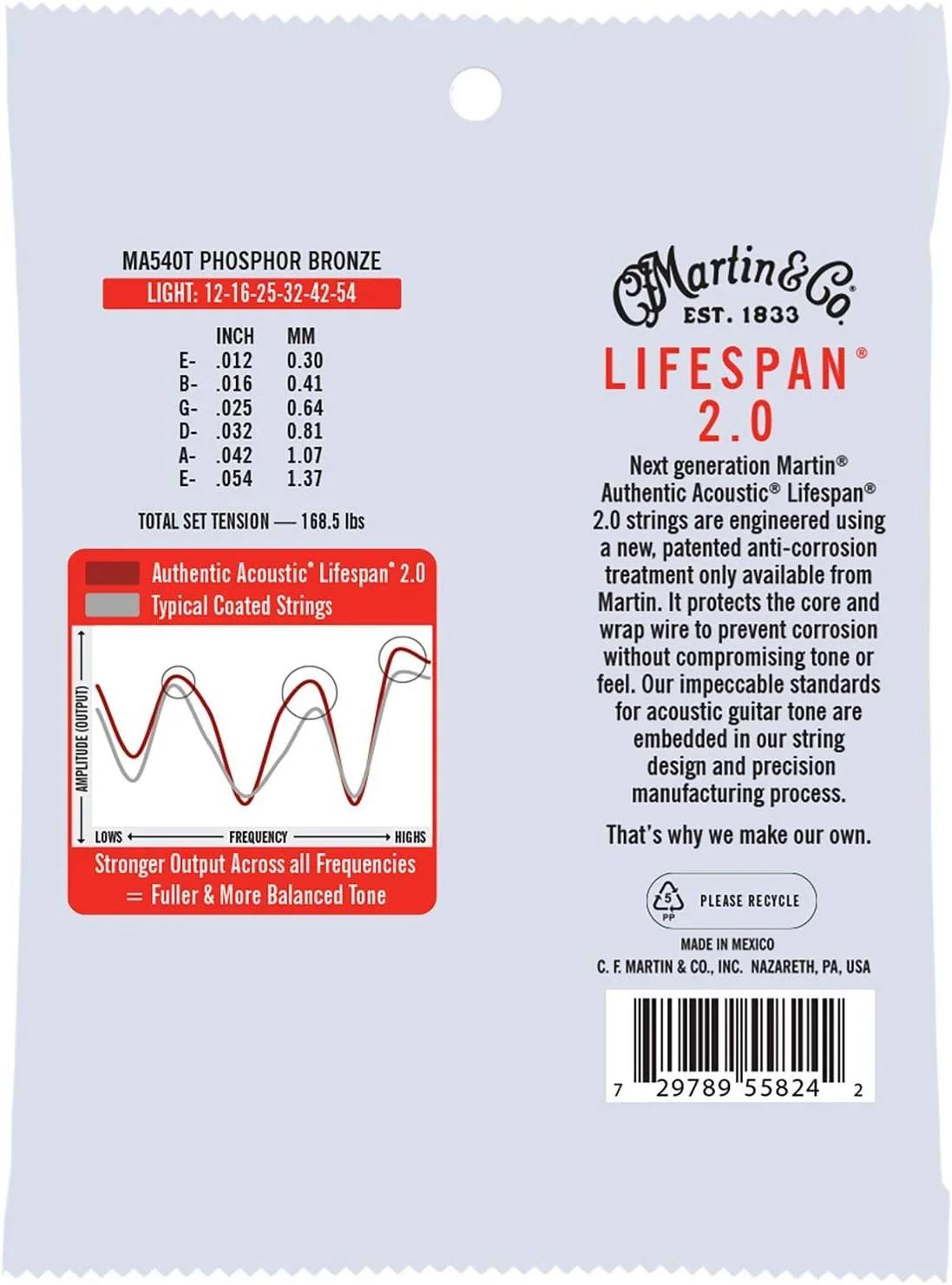 سیم گیتار آکوستیک مارتین Authentic Acoustic Lifespan 2.0 Ma540T، فسفر برنز 92/8، سیم های سبک وزن