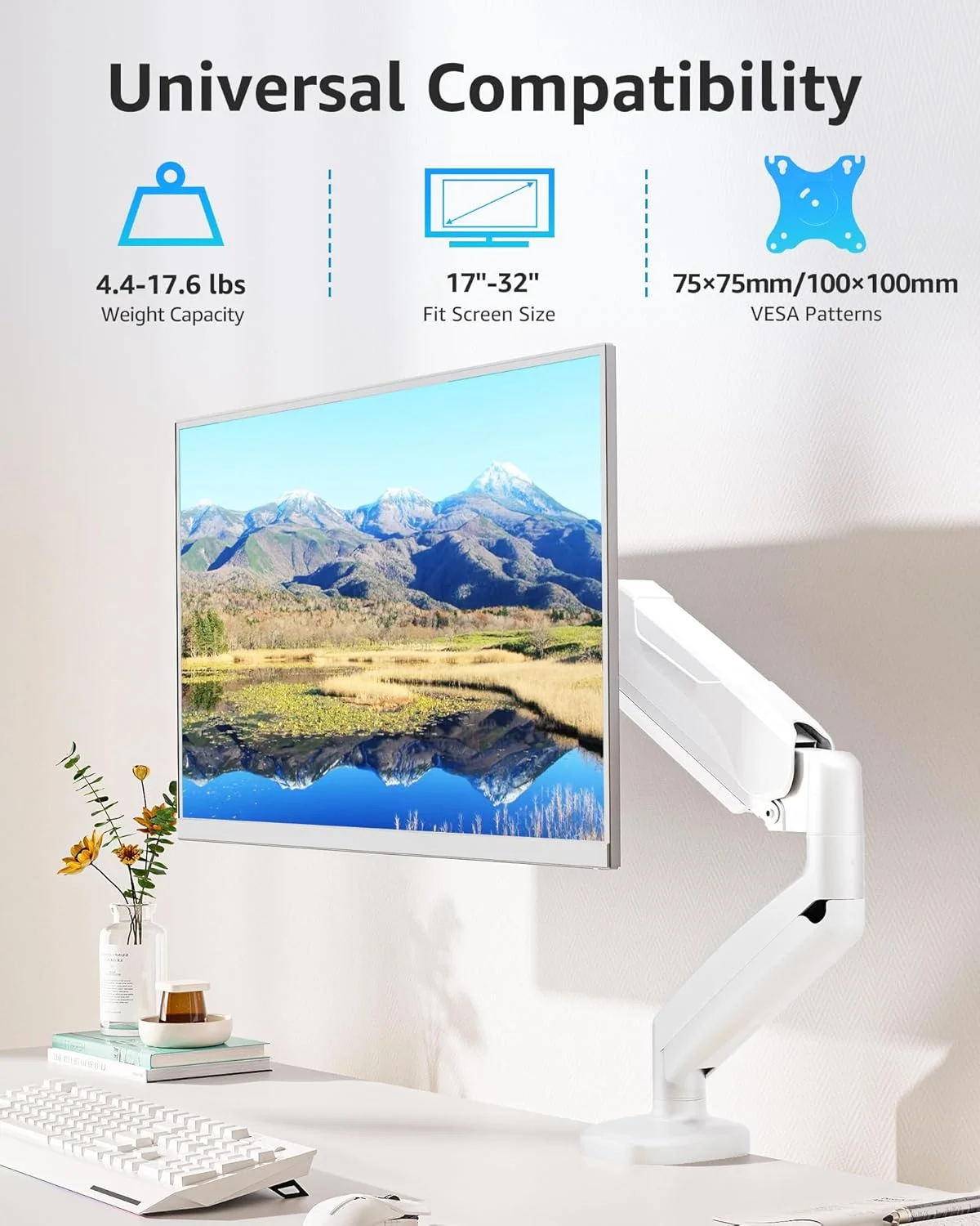 پایه رومیزی مانیتور تکی MOUNTUP، بازوی مانیتور فنری قابل تنظیم، پشتیبانی از حداکثر 32 اینچ، صفحه نمایش 2 تا 8 کیلوگرم، نگهدارنده پایه مانیتور کامپیوتر با پایه نصب گیره ای/سوراخ دار، براکت نصب VESA، سفید