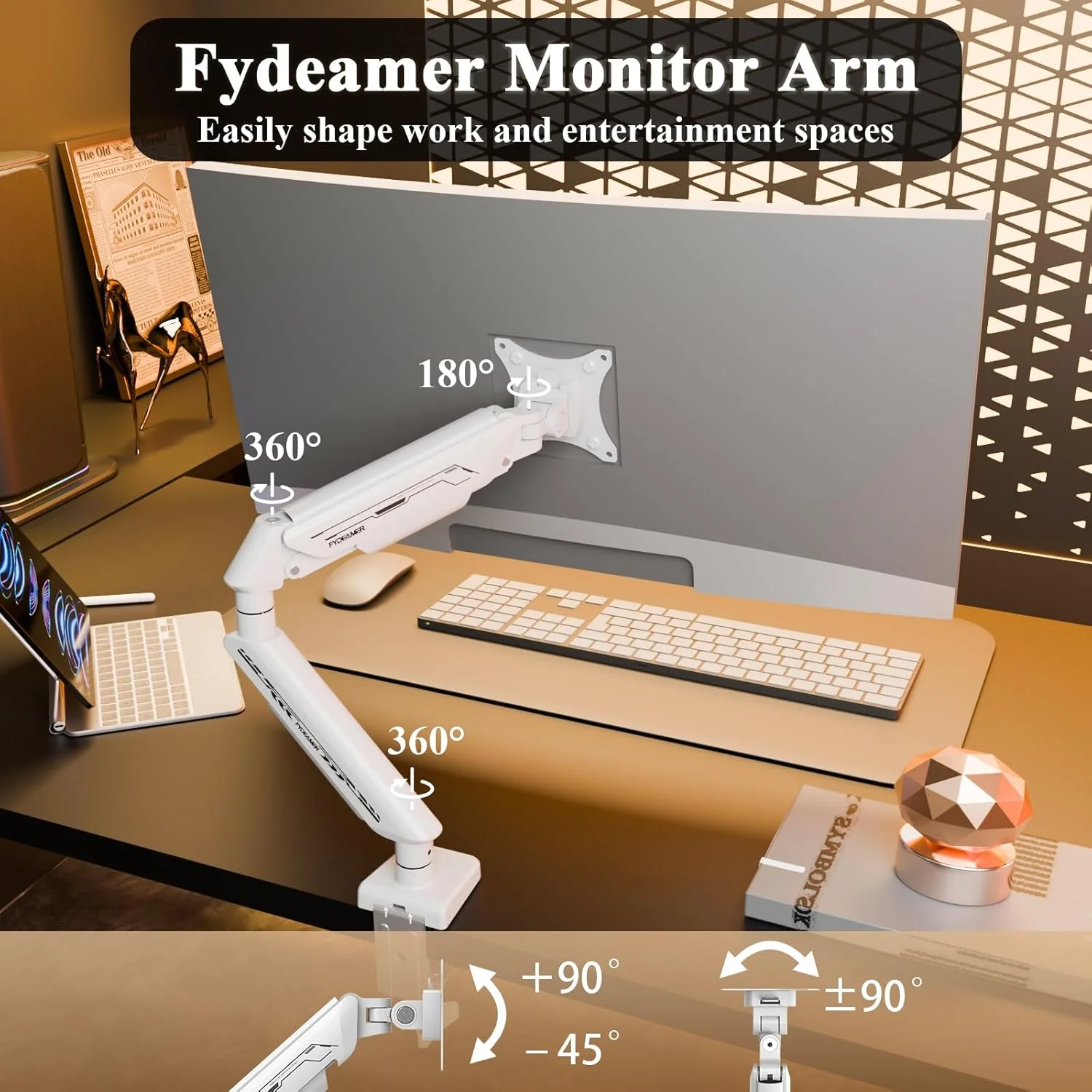 پایه مانیتور کامپیوتر Fydeamer برای مانیتورهای 17-35 اینچ با قابلیت نگهداری 2-11 کیلوگرم، بازوی مانیتور فنری گازی قابل تنظیم، پایه مانیتور با حرکت کامل، بازوی نمایشگر LED/LCD با الگوی VESA 75x75/100x100 تک بازو سفید