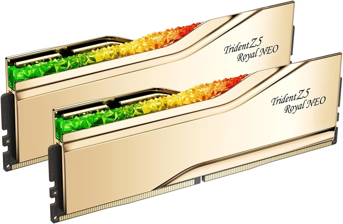 رم دسکتاپ G.SKILL Trident Z5 Royal Neo Series DDR5 (AMD Expo) 32 گیگابایت (2x16 گیگابایت) 8000MT/s CL38-48-48-128 1.45V U-DIMM - طلایی (F5-8000J3848H16GX2-TR5NG)