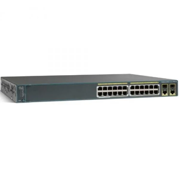 سوییچ سیسکو کاتالیست 2960 پلاس، مدل WS-C2960+24LC-S، دارای 24 پورت 10/100، 8 پورت PoE و 2 پورت SFP