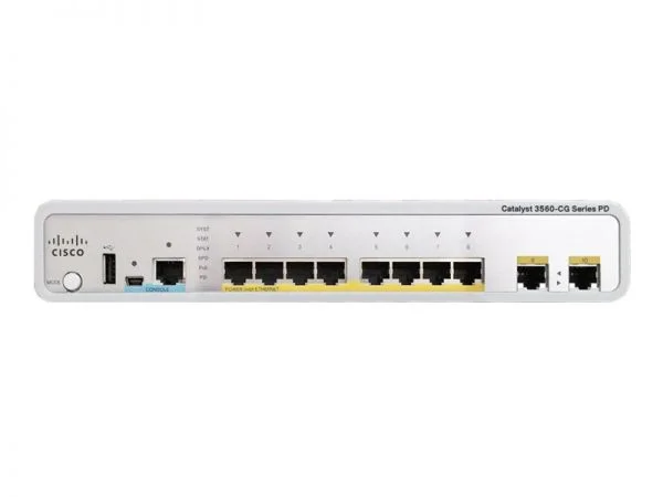 سوییچ سیسکو کاتالیست 3560C مدل WS-C3560CPD-8PT-S، دارای 8 پورت گیگابیتی PoE و 2 پورت SFP 1G با لایه IP Base