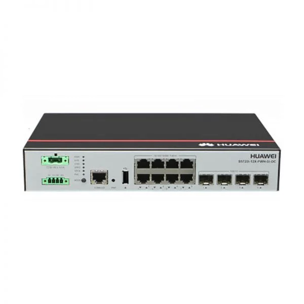 سوئیچ هواوی سری S5700 مدل S5720I-12X-PWH-SI-DC، دارای ۱۲ پورت ۱۰GE SFP+/PoE+/منبع تغذیه DC