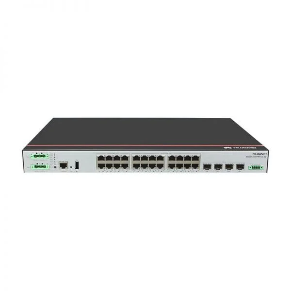 سوئیچ هواوی سری S5700 مدل S5720I-28X-PWH-SI-AC، دارای ۲۴ پورت PoE گیگابیت اترنت و ۴ پورت SFP+ ۱۰ گیگابیت، با منبع تغذیه AC