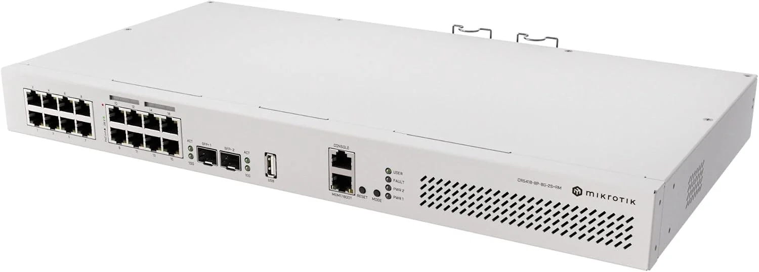 سوئیچ میکروتیک CRS418-8P-8G-2S+RM با ۱۶ پورت گیگابیت PoE و ۲ پورت SFP+ سوئیچ میکروتیک CRS418-8P-8G-2S+RM با ۱۶ پورت گیگابیت PoE و ۲ پورت SFP+