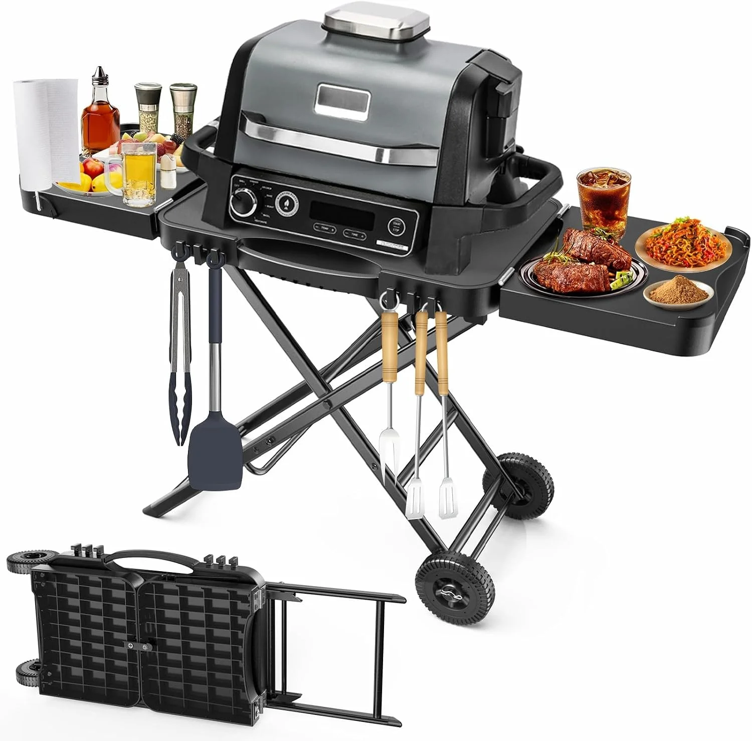 میز تاشو و پایه چرخ‌دار کباب‌پز مدل BBQ-MALL برای نینجا و وبرOG700 OG800 OG900  Ninja Woodfire OG701/OG901/OG751BRN/OG850/OG951/OG901