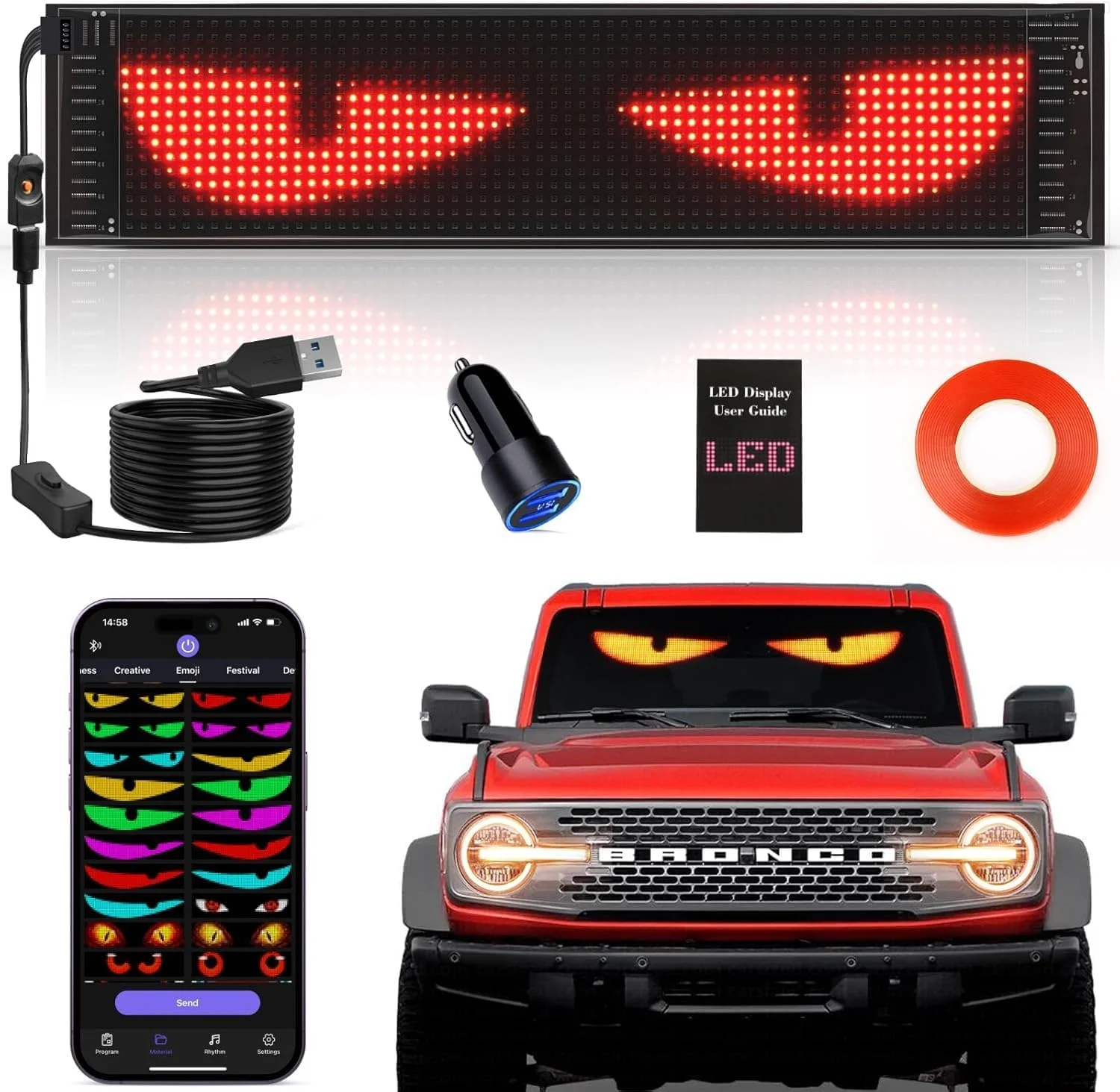 نمایشگر LED هوشمند خودرو وای کینجدر مدل چشم 60x12 سانتی‌متر