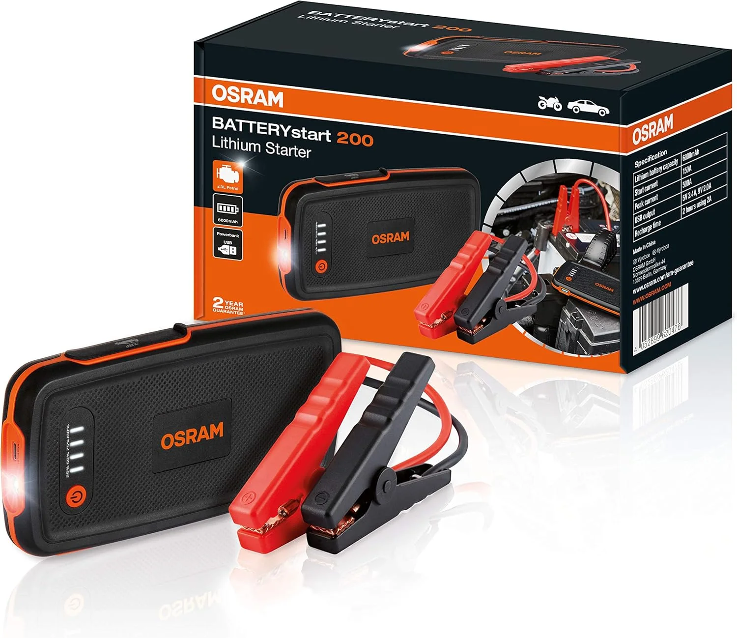 استارت‌پرتابل خودرو اسرام مدل Batterystart200 ظرفیت 6000 میلی‌آمپر